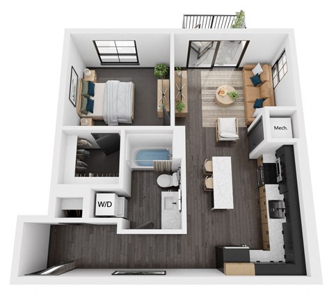 a 1 bedroom floor plan with a bathroom and a living room